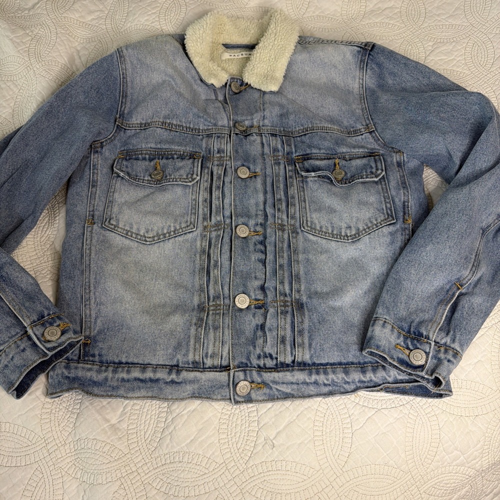 PacSun Sherpa Lined Denim Jacket Women's Small Trucker‎ Cozy Winter Vintage Wash